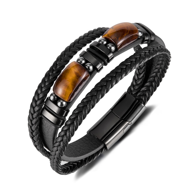 Wholesale Stainless Steel Tiger Eye Leather Bracelet