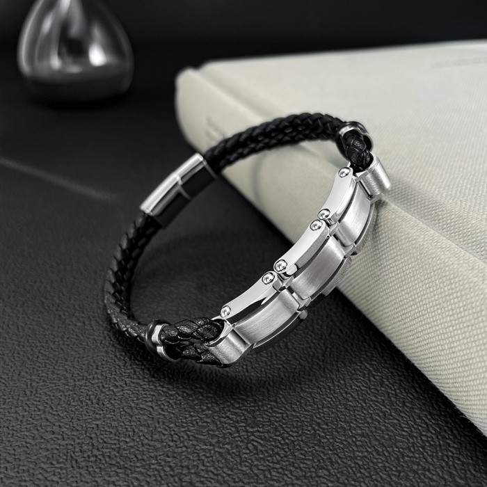 Wholesale Stainless Steel Double Braided Leather Bracelet