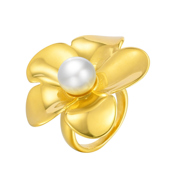 Wholesale Stainless Steel Imitation Pearl Flower Ring