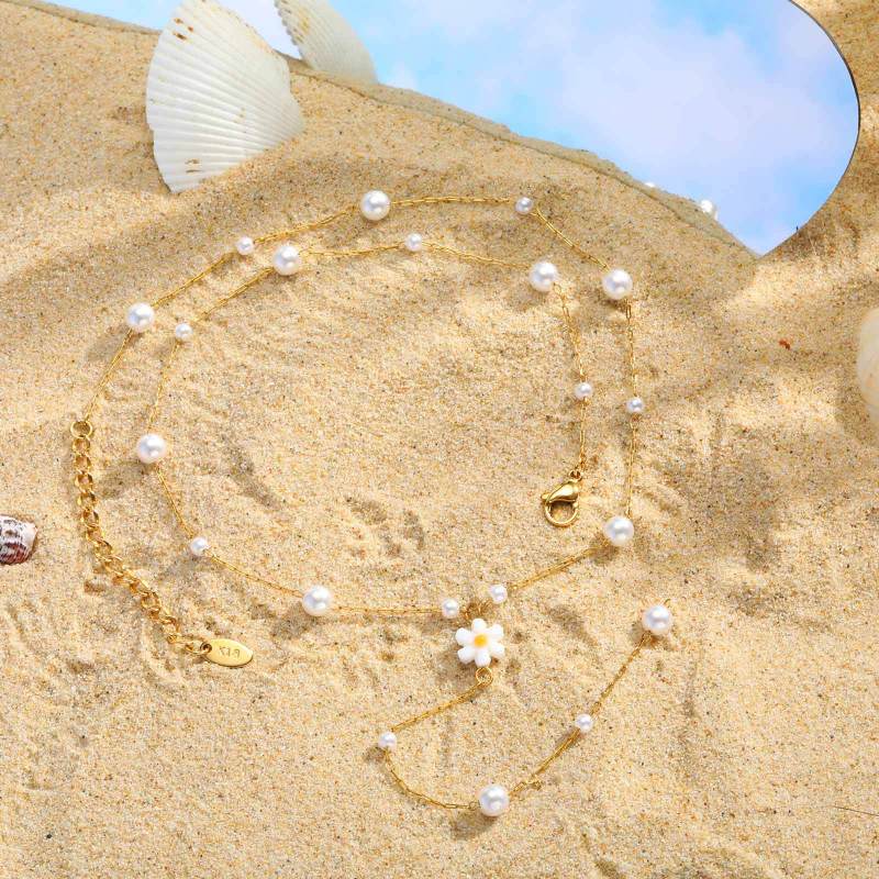Wholesale Stainless Steel Imitation Pearl Flower Necklace