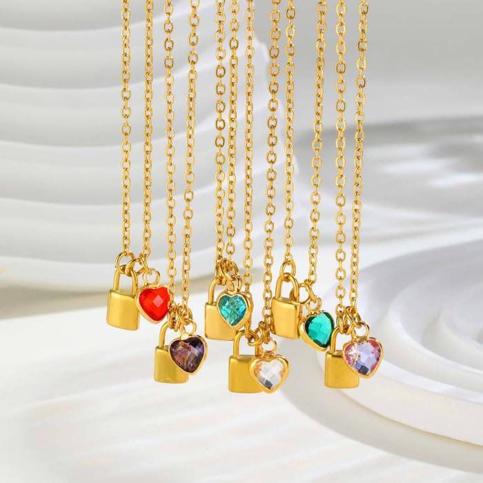 Wholesale Stainless Steel Lock Birthstone Necklace