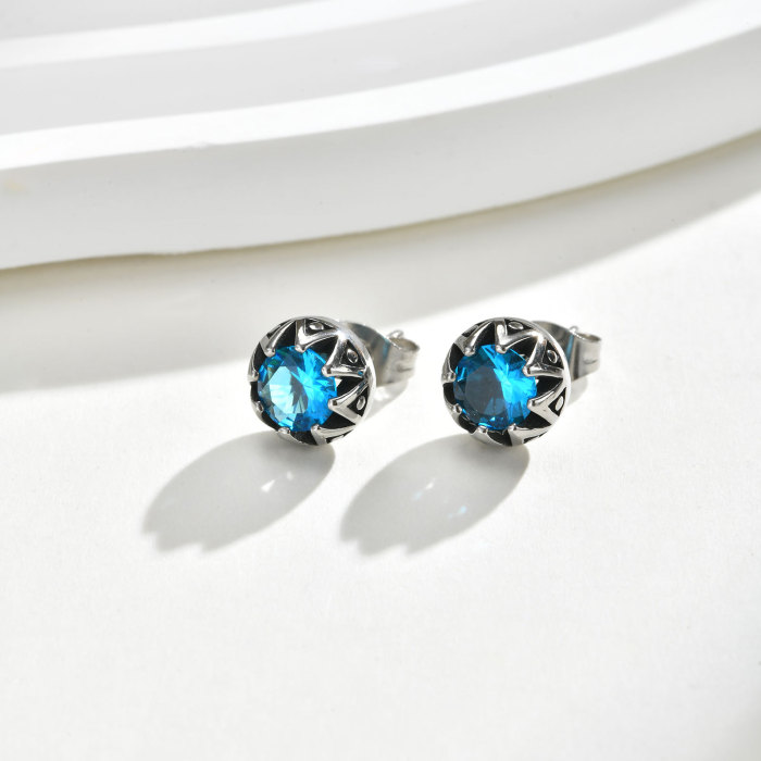 Stainless Steel Blue Zirconia Crown Earrings