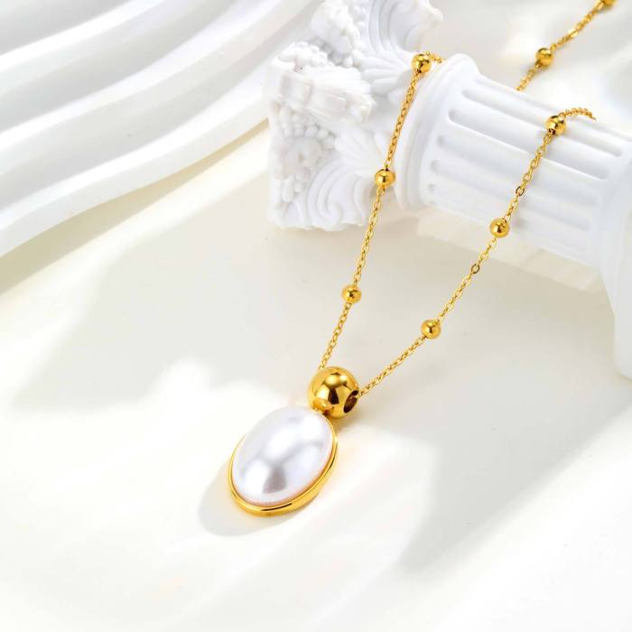 Wholesale Stainless Steel Oval Imitation Pearl Necklace