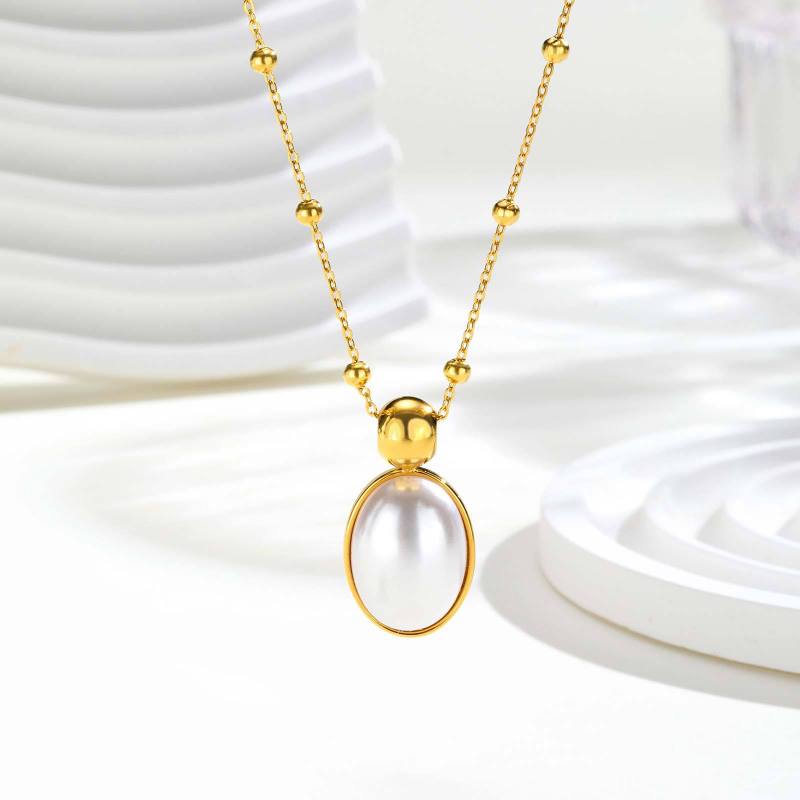Wholesale Stainless Steel Oval Imitation Pearl Necklace