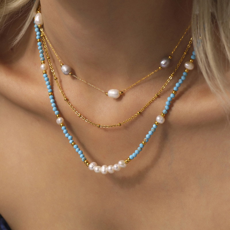 Wholesale Blue Turquoise Hand-beaded Pearl Necklace