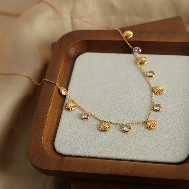 Wholesale Stainless Steel Shell and CZ Station Necklace