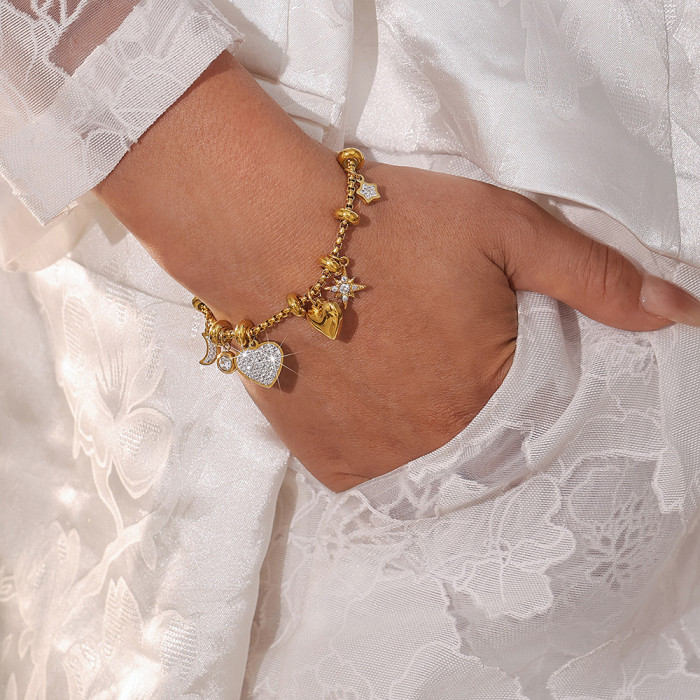 Wholesale Stainless Steel Charm Bracelet: Heart, Moon & Star