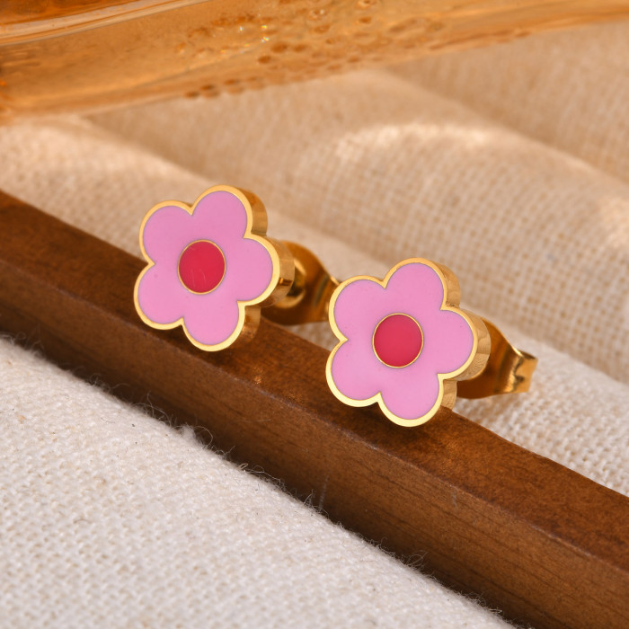 Wholesale Stainless Steel Cute Pink Enamel Stud Earrings Set