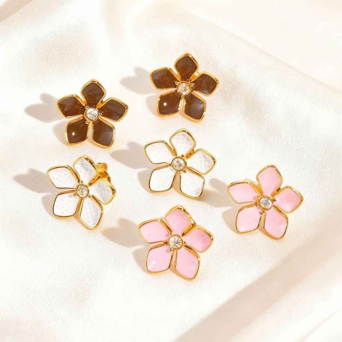 Wholesale Stainless Steel Gold Flower Enamel Stud Earrings