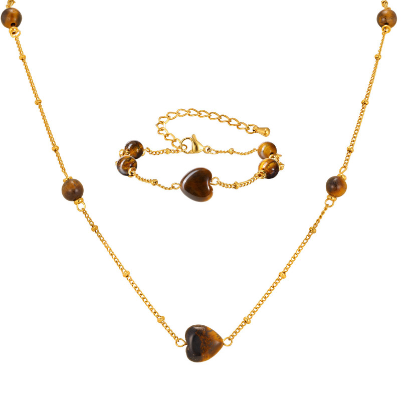 Wholesale Stainless Steel Tiger Eye Heart Necklace & Bracelet Set