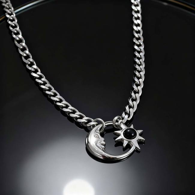 Wholesale Steel Moon and Sun Pendant Necklace