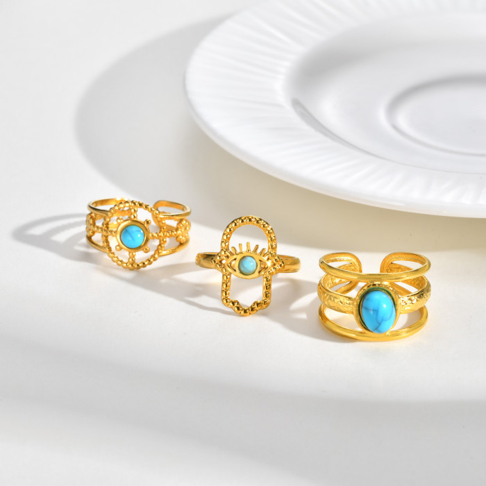 Wholesale Bohemian Gold Stainless Steel Turquoise Ring Set