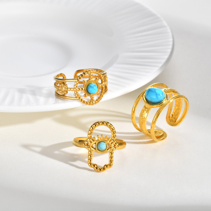 Wholesale Bohemian Gold Stainless Steel Turquoise Ring Set