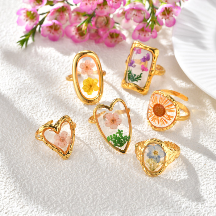 Wholesale Stainless Steel Real Dried Flower Resin Rings