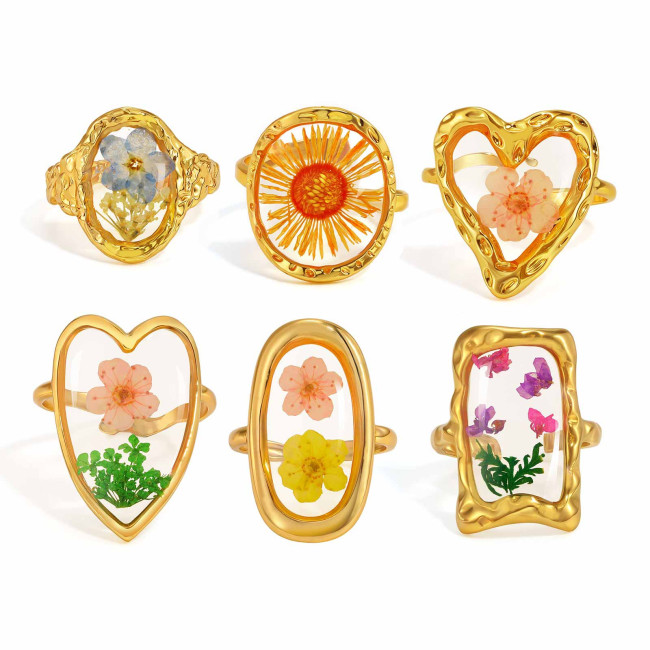 Wholesale Stainless Steel Real Dried Flower Resin Rings