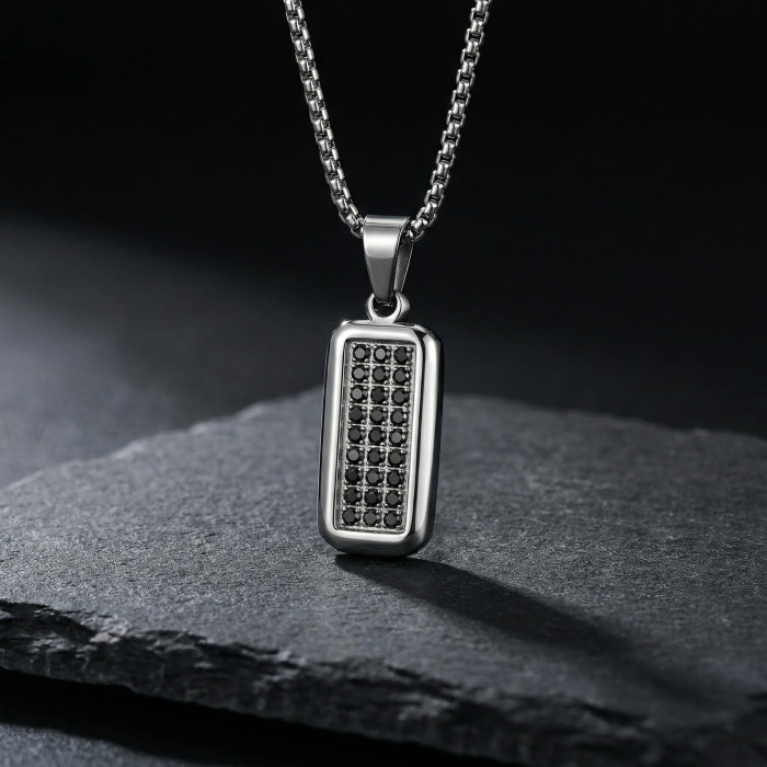 Wholesale Stainless Steel Black Zircon Rectangular Necklace