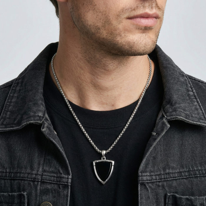 Wholesale Men's Stainless Steel Shield Black Onyx Necklace