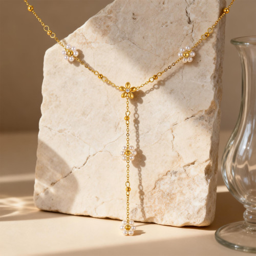 Wholesale Stainless Steel Pearl Flower Y-Necklace