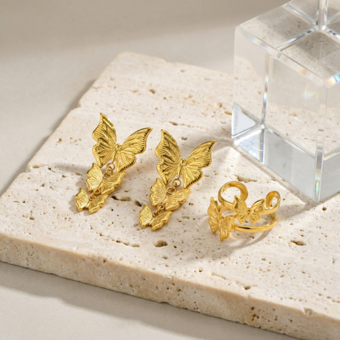 Wholesale 18K Gold Plated Triple Butterfly Dangle Earrings