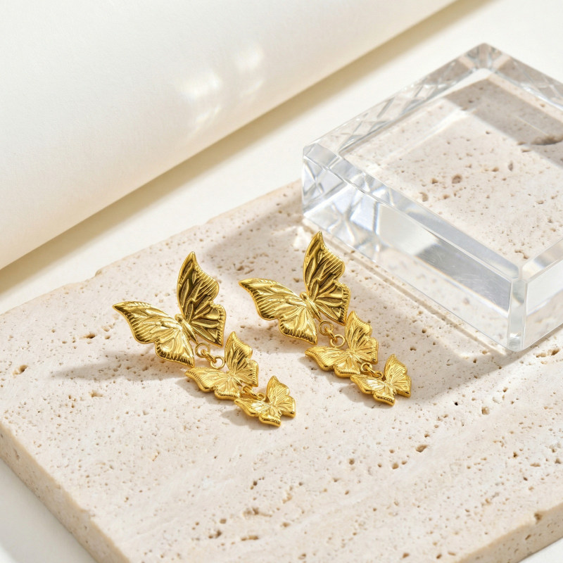 Wholesale 18K Gold Plated Triple Butterfly Dangle Earrings