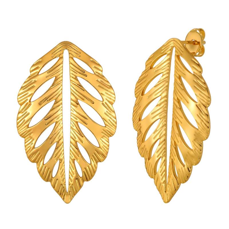 Wholesale 18K Gold Plated Stainless Steel Hollow Leaf Stud Earrings