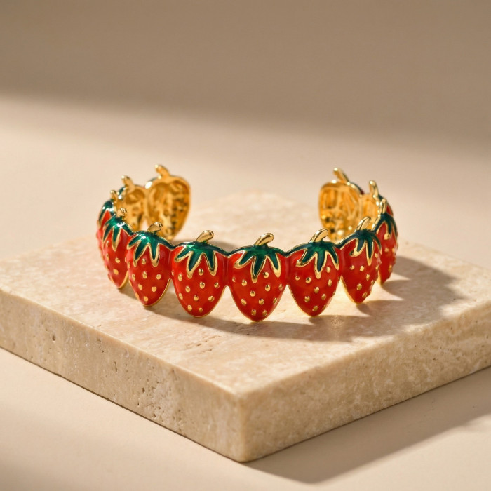Wholesale 18K Gold Plated Enamel Strawberry Open Bangle