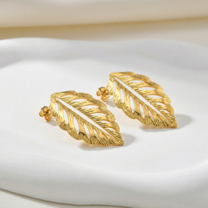 Wholesale 18K Gold Plated Stainless Steel Hollow Leaf Stud Earrings