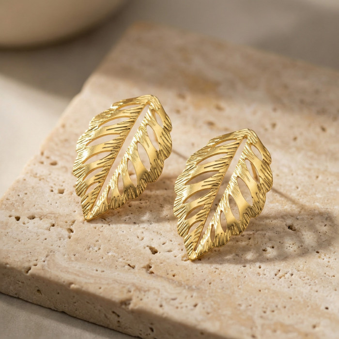 Wholesale 18K Gold Plated Stainless Steel Hollow Leaf Stud Earrings