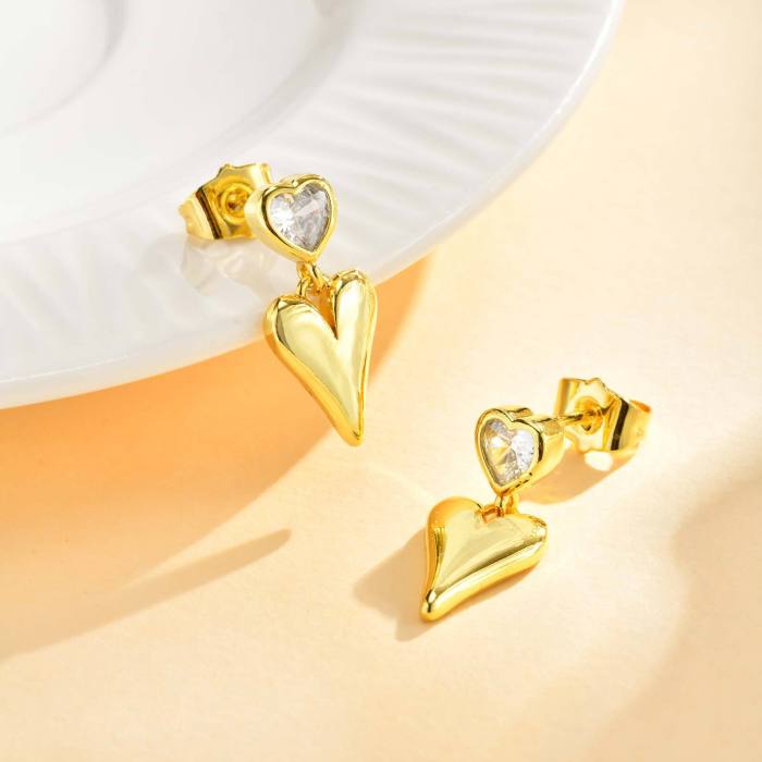 Wholesale Brass Heart Crystal Dangle Earrings