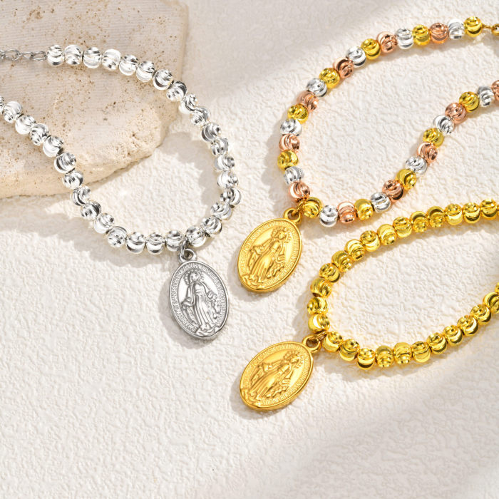 Wholesale Stainless Steel Virgin Mary Medal Bead Bracelet