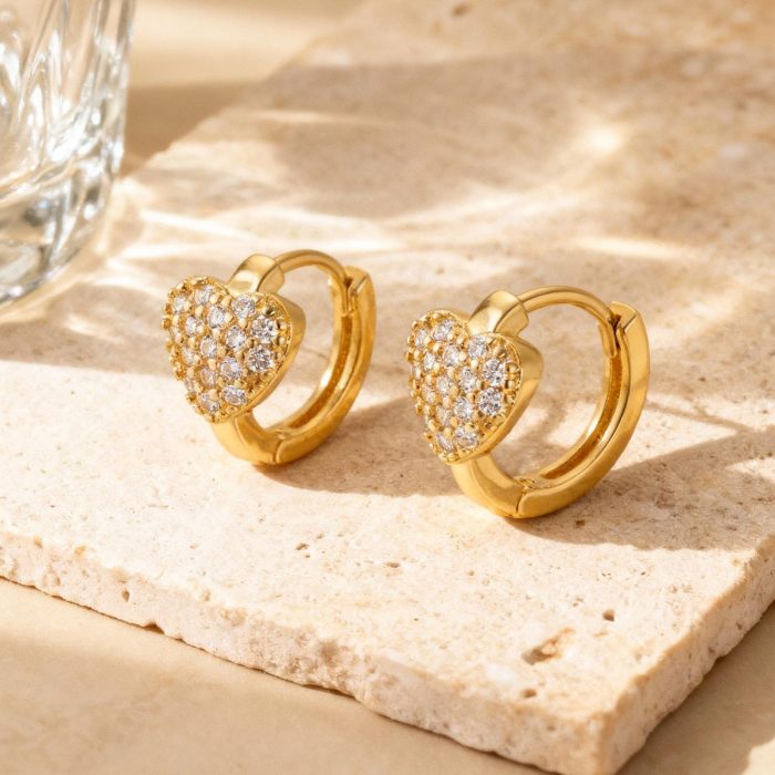 Wholesale Brass Pave Zircon Heart Huggie Earrings
