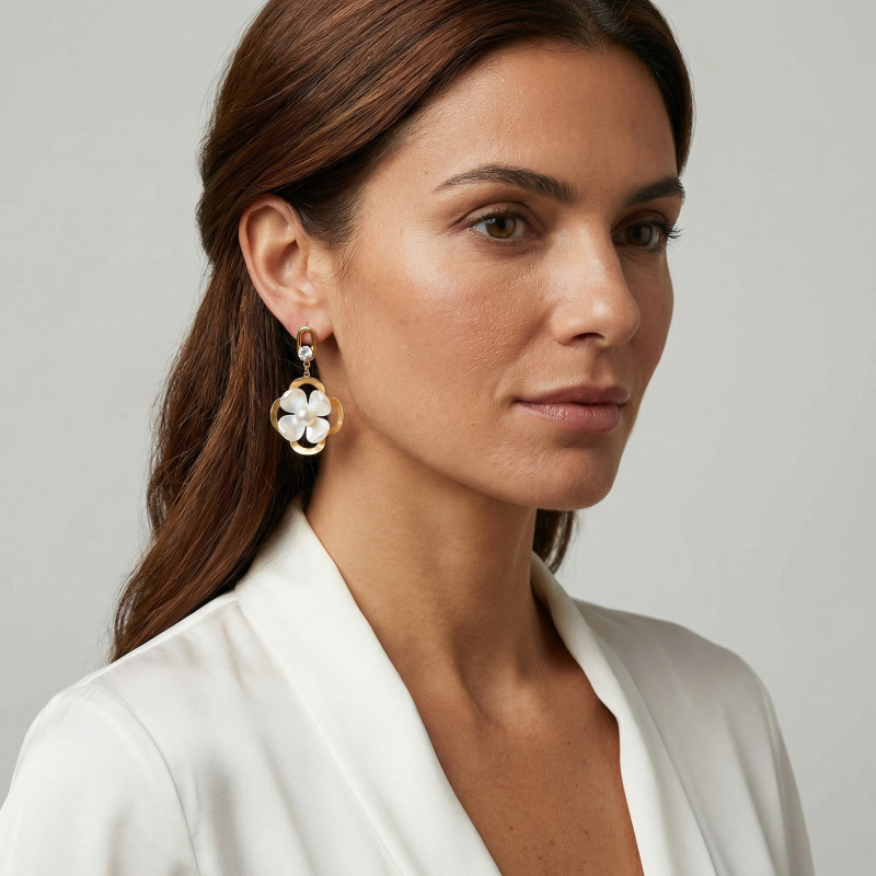 Wholesale Gold Plated Pearl & Flower Statement Dangle Earrings