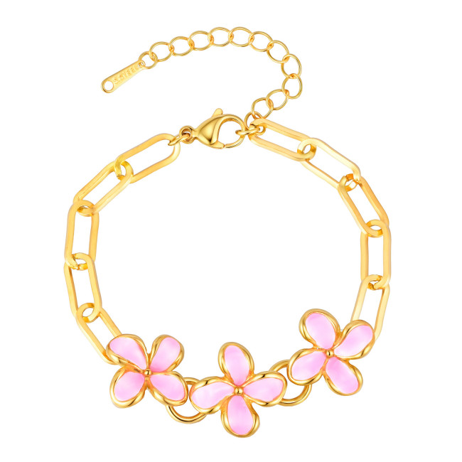 Wholesale Stainless Steel Pink Enamel Flowers Bracelet