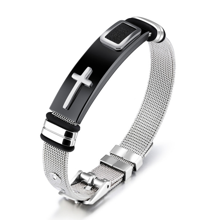 Wholesale Mens Stainless Steel 10MM Mesh Bracelet with Cross