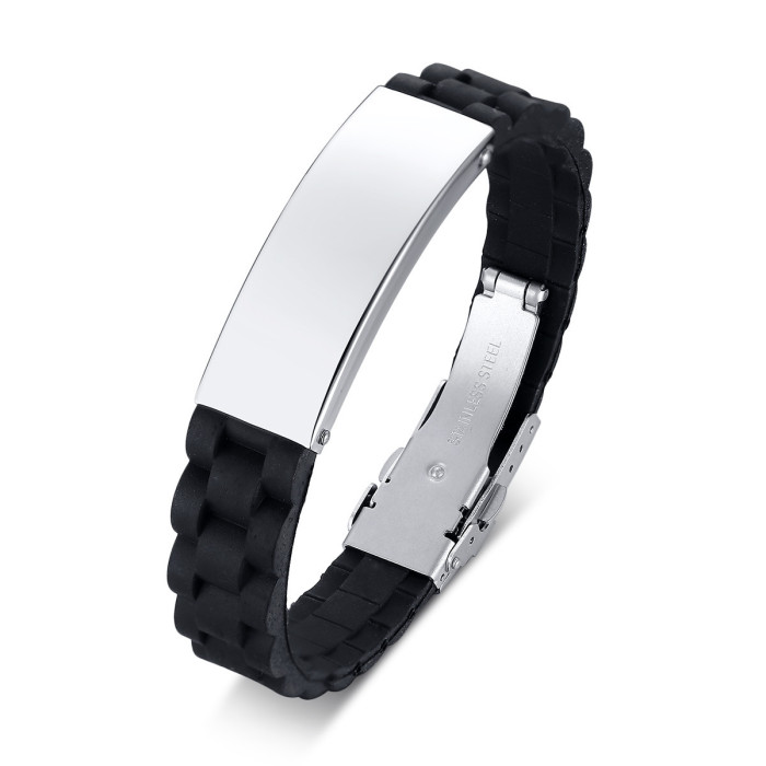 Wholesale Engravable Stainless Steel ID Black Silicone Bracelet