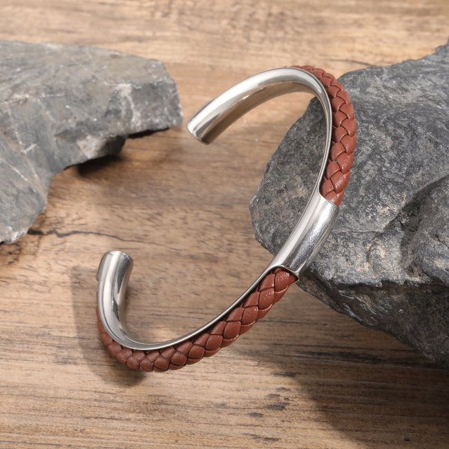 Wholesale Stainless Steel Braided Leather Bangle