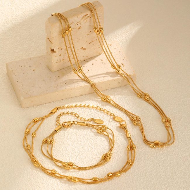 Wholesale Stainless Steel Three layers Beaded Round Snake Chain Set