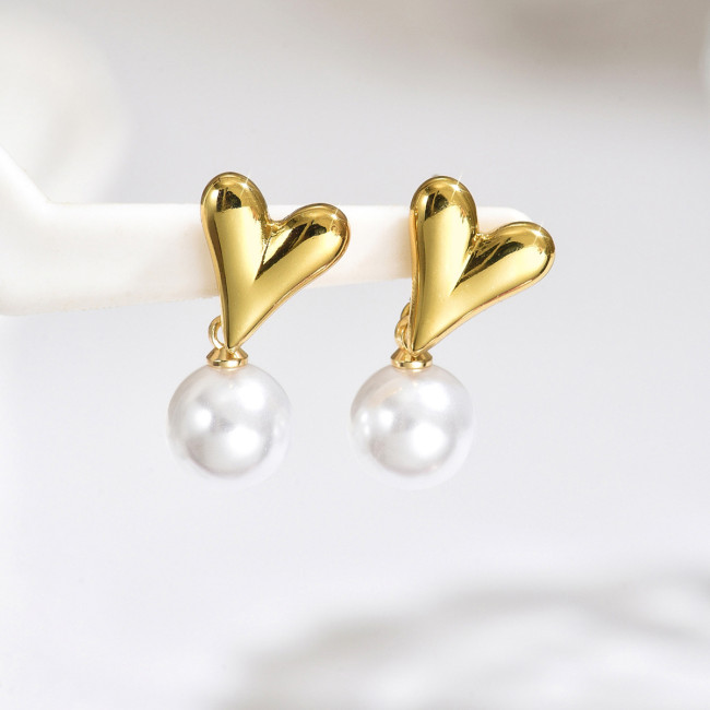 Wholesale Stainless Steel Puffy Heart Pearl Drop Earrings
