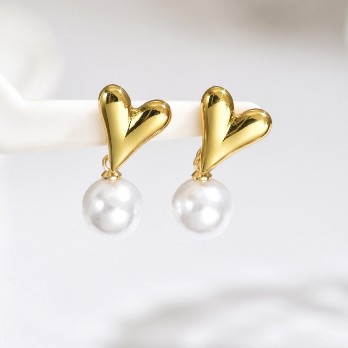 Wholesale Stainless Steel Puffy Heart Pearl Drop Earrings