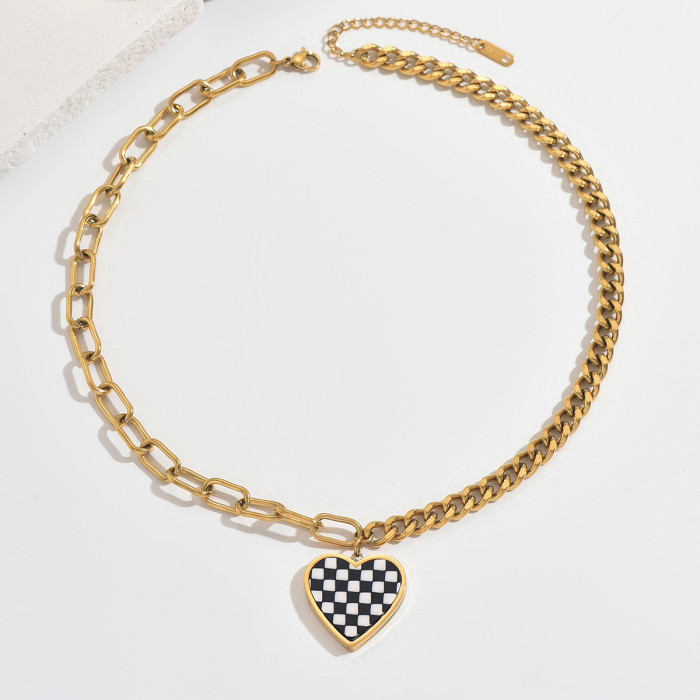 Wholesale Stainless Steel Checkerboard Heart Necklace