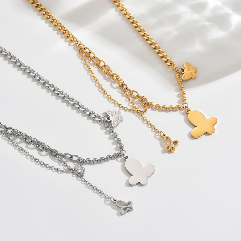 Wholesale Stainless Steel Multi-Layer Butterfly Necklace