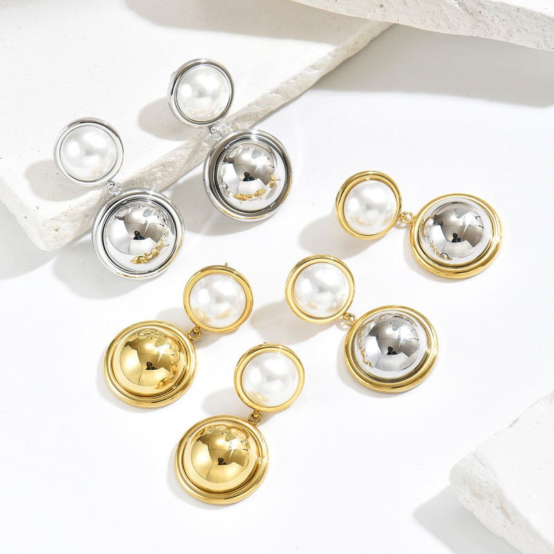 Wholesale Stainless Steel Pearl & Metallic Globe Earrings