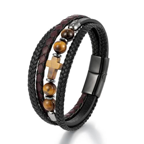 Wholesale Men's Tiger Eye Cross Leather Bracelet