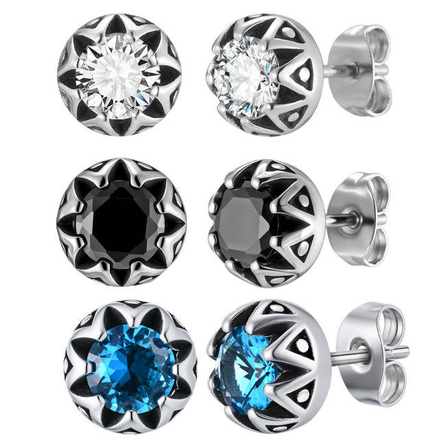 Stainless Steel Blue Zirconia Crown Earrings