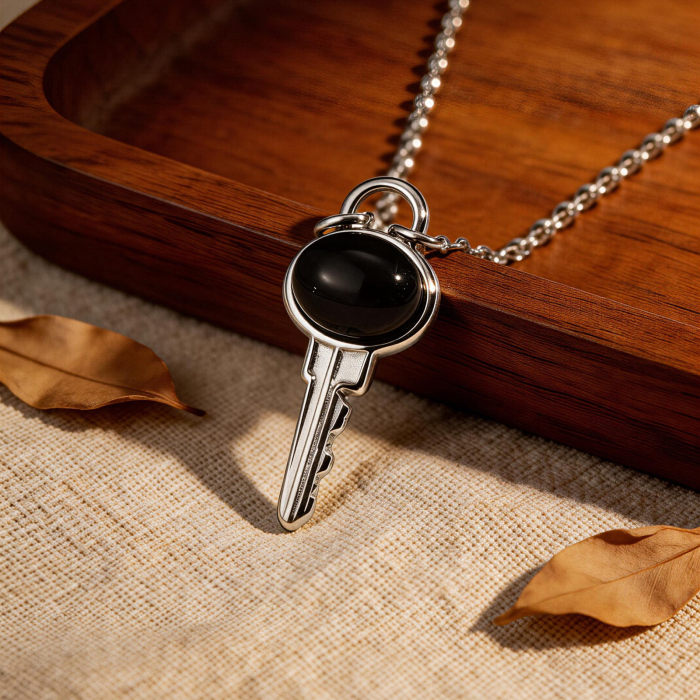Wholesale Stainless Steel Black Agate Key Necklace