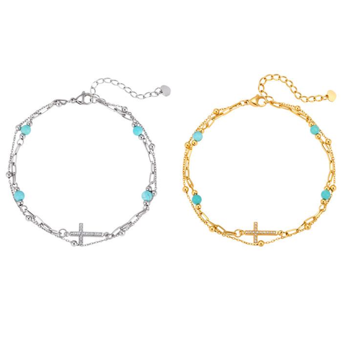 Wholesale Stainless Steel Modern Turquoise & Cross Ankle