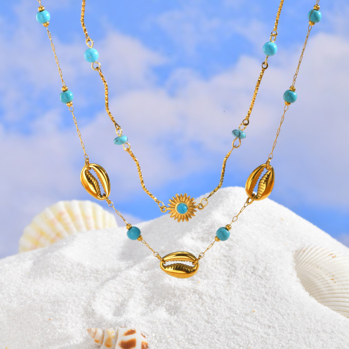 Wholesale Stainless Steel Layered Turquoise & Cowrie Shell Necklace