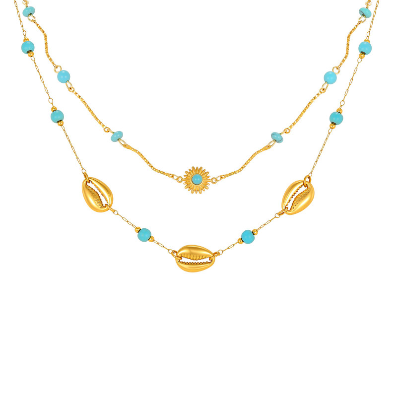 Wholesale Stainless Steel Layered Turquoise & Cowrie Shell Necklace