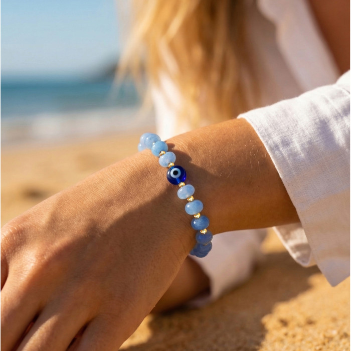 Wholesale Ocean Blue Stone Bead Evil Eye Bracelet