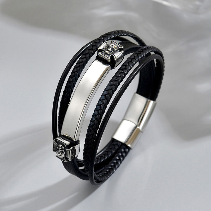 Wholesale Stainless Steel Skull Cross Leather Bracelet